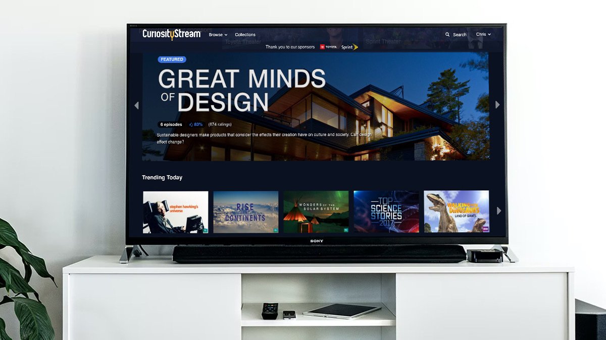 TV on white table showing curiositystream homepage