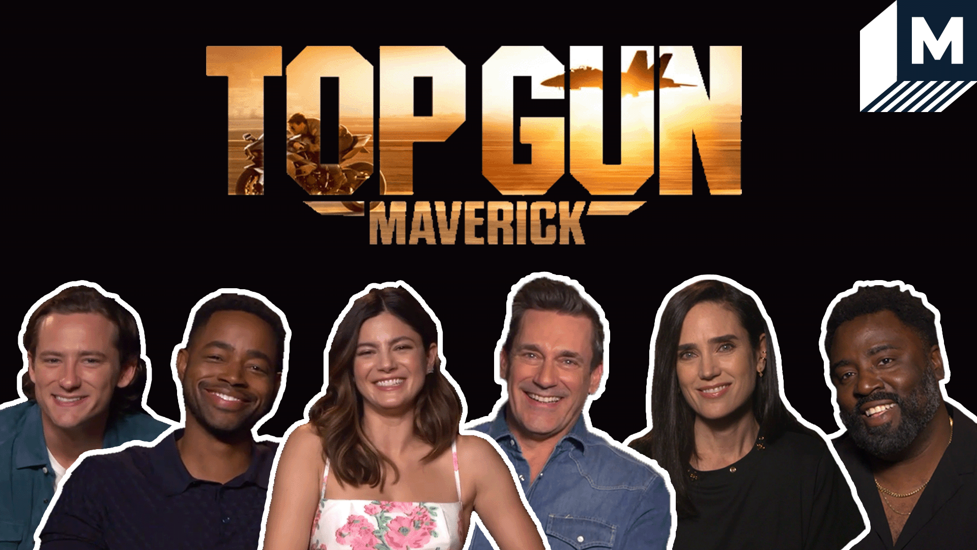 Top Gun: Maverick title with the cast smiling at the camera