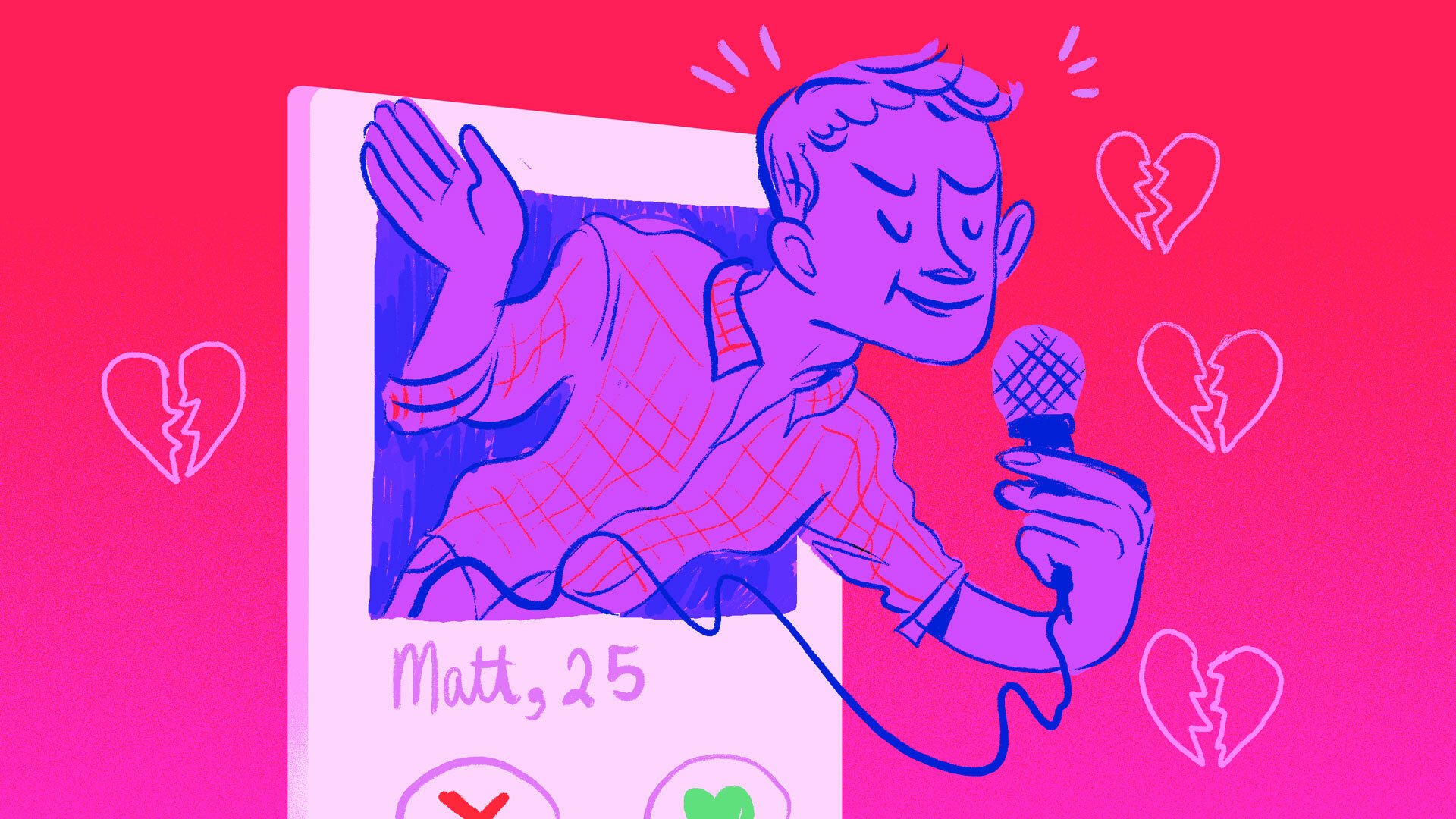illustration of man with microphone jutting out of dating app screen