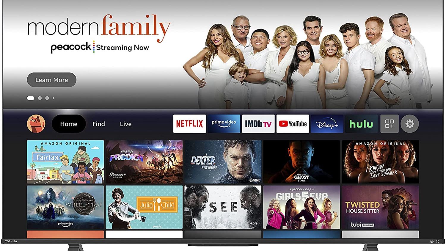 Fire TV home screen with streaming service and TV show icons