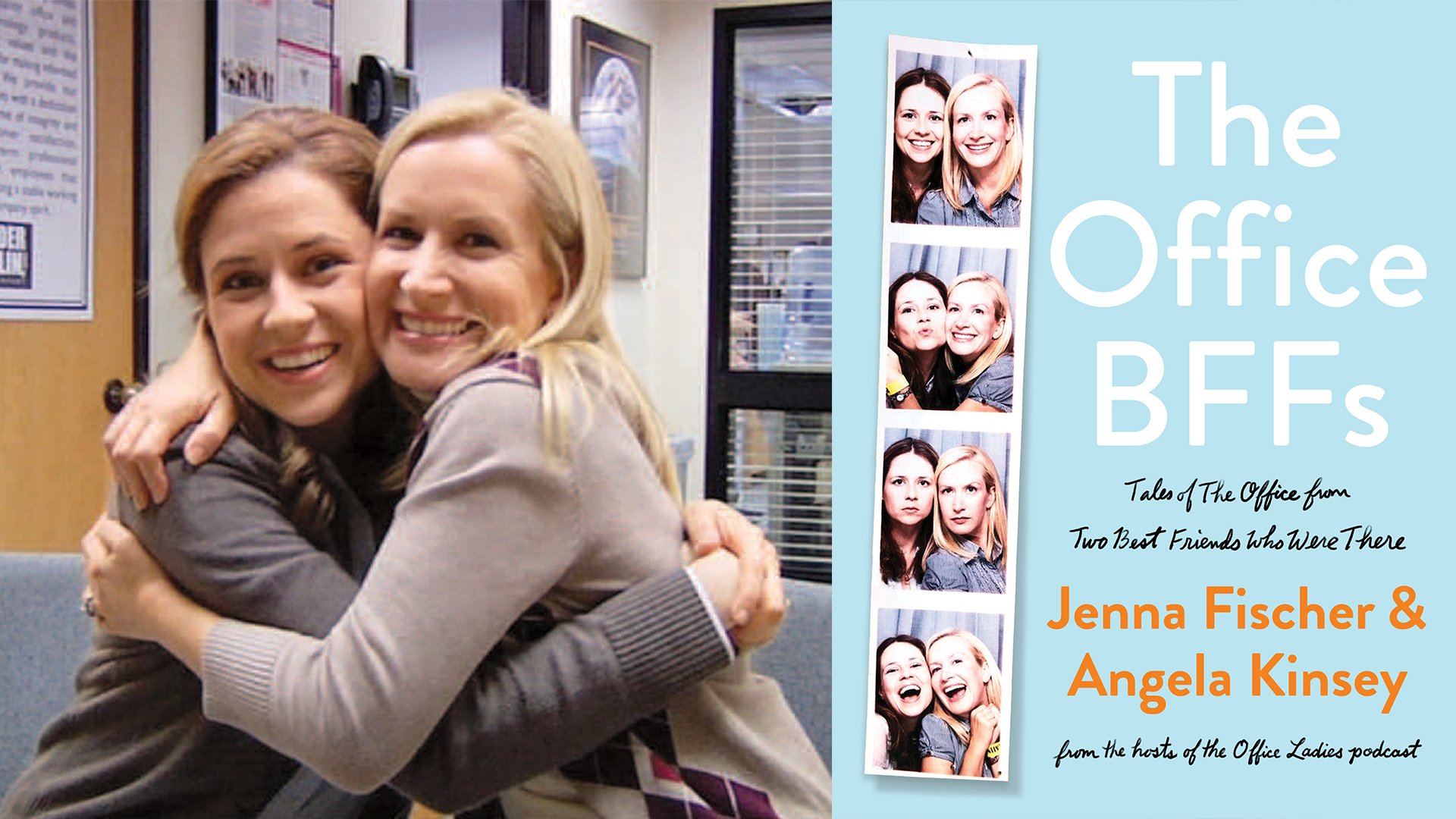 A side by side composite: The photo on the left is of two women (Jenna Fischer and Angela Kinsey) hugging on the set of 