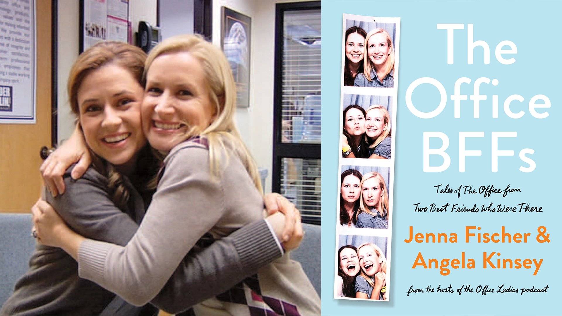 A side by side composite: The photo on the left is of two women (Jenna Fischer and Angela Kinsey) hugging on the set of