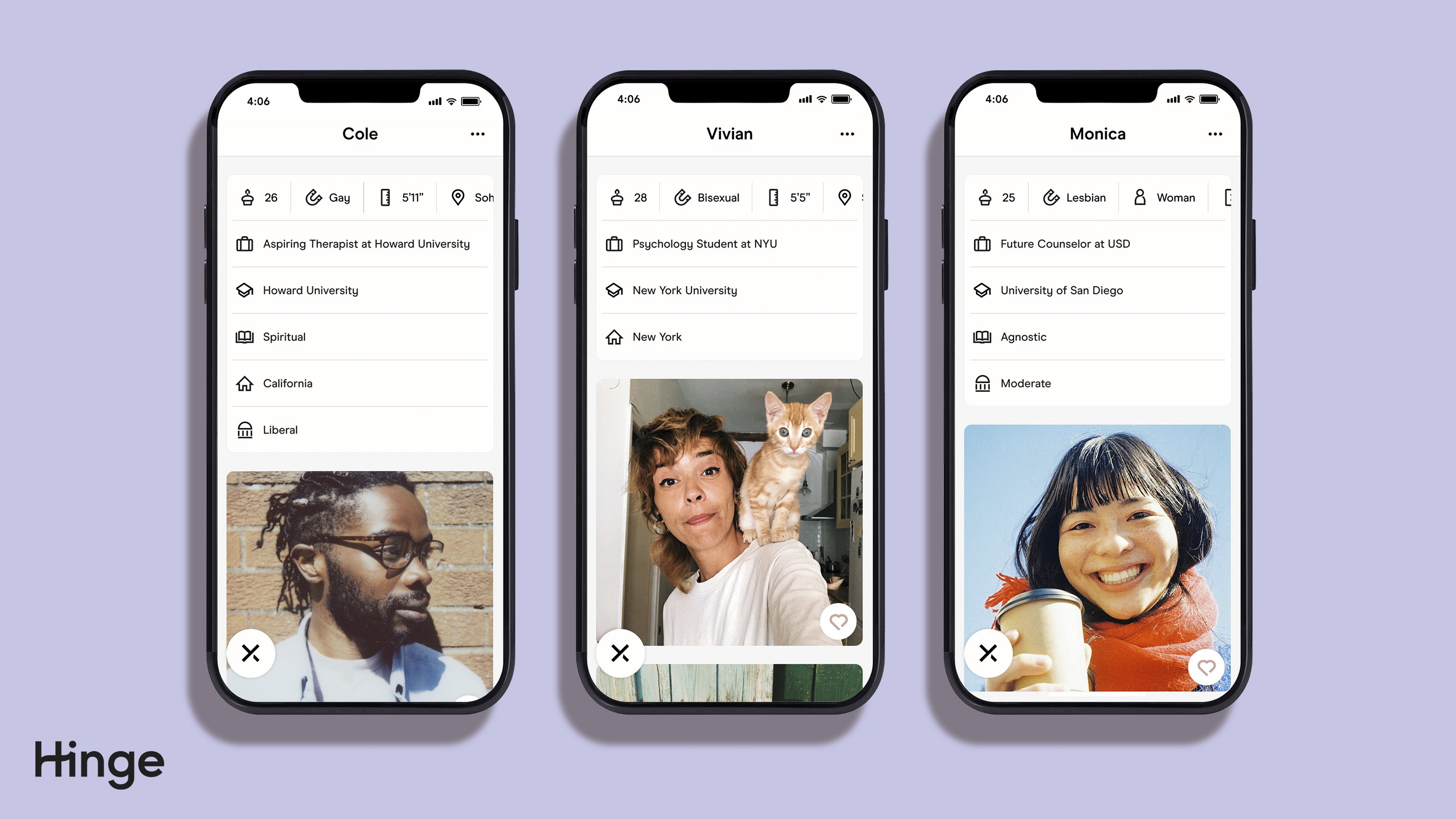 Three phone screens displaying Hinge profiles of aspiring mental health advocates.