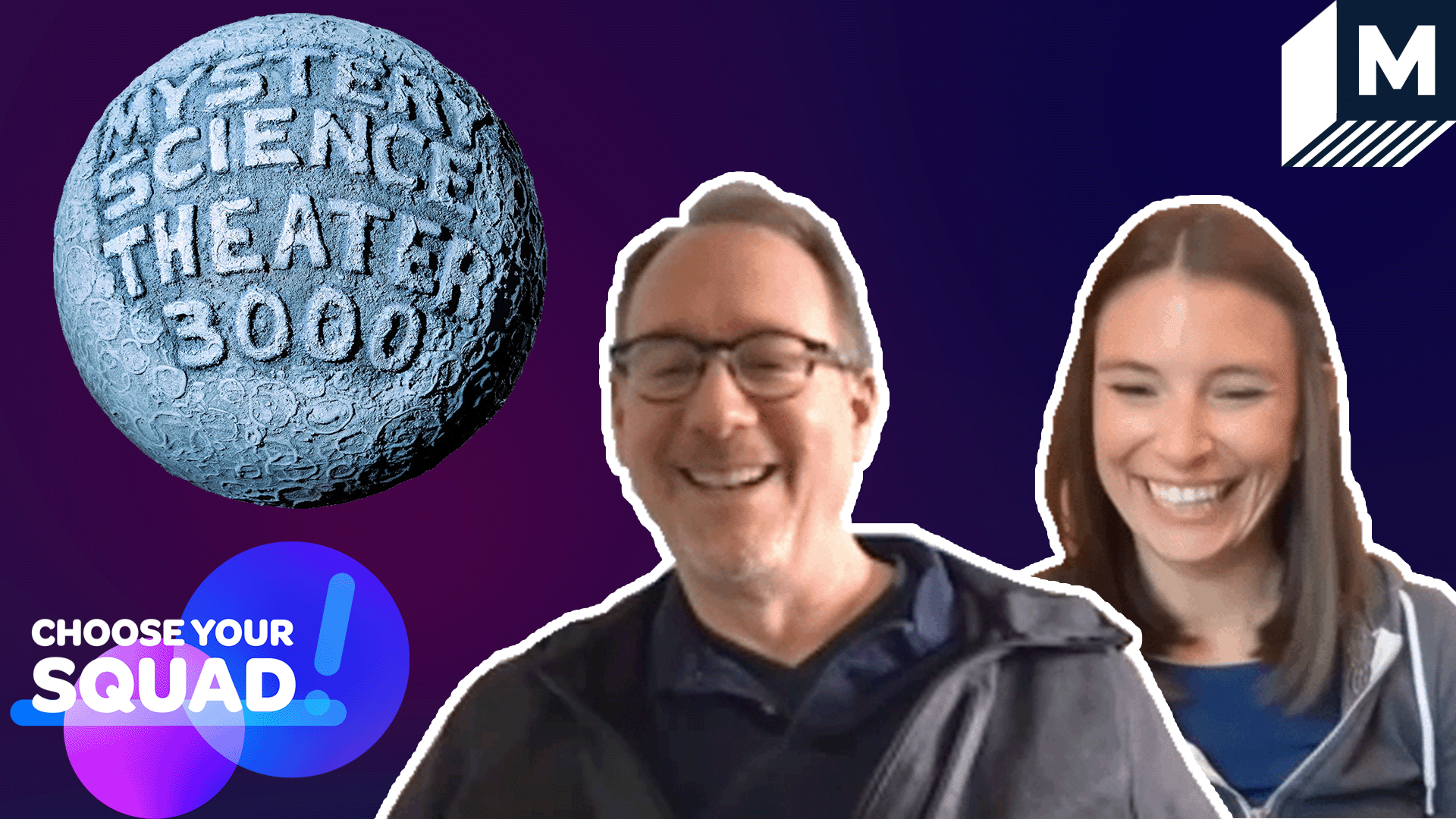 Joel Hodgson and Emily Marsh in front of the Mystery Science Theater 3000 globe, with text reading