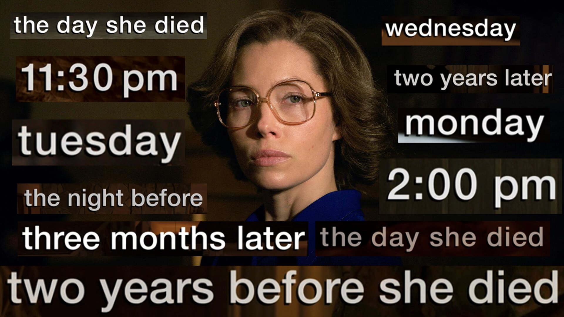 A woman (Jessica Biel as Candy Montgomery) wearing glasses and surrounded by different timestamps that read