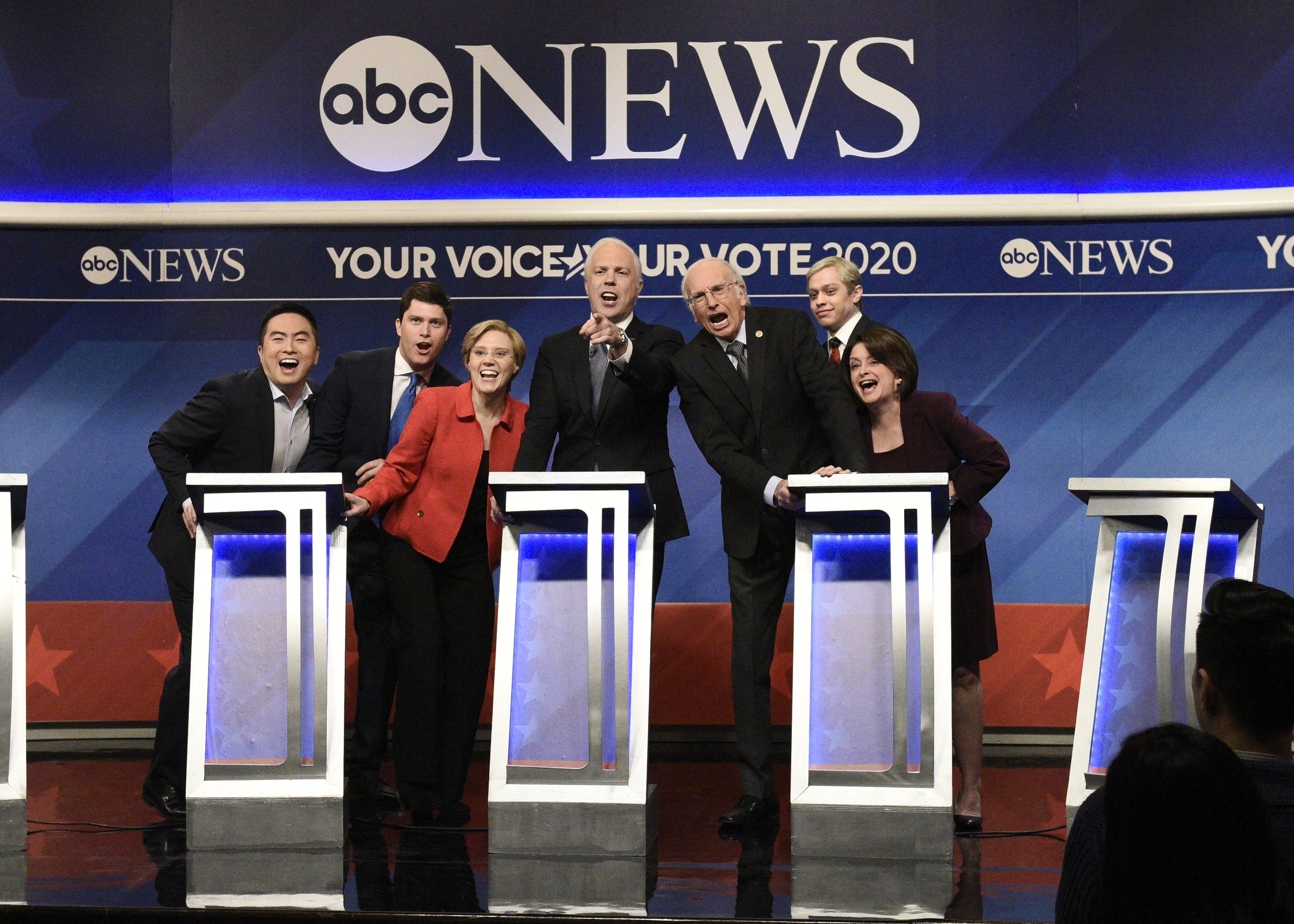 Bowen Yang, Colin Jost, Kate McKinnon, Jason Sudeikis, Larry David, Pete Davidson, and Rachel Dratch on 'SNL'