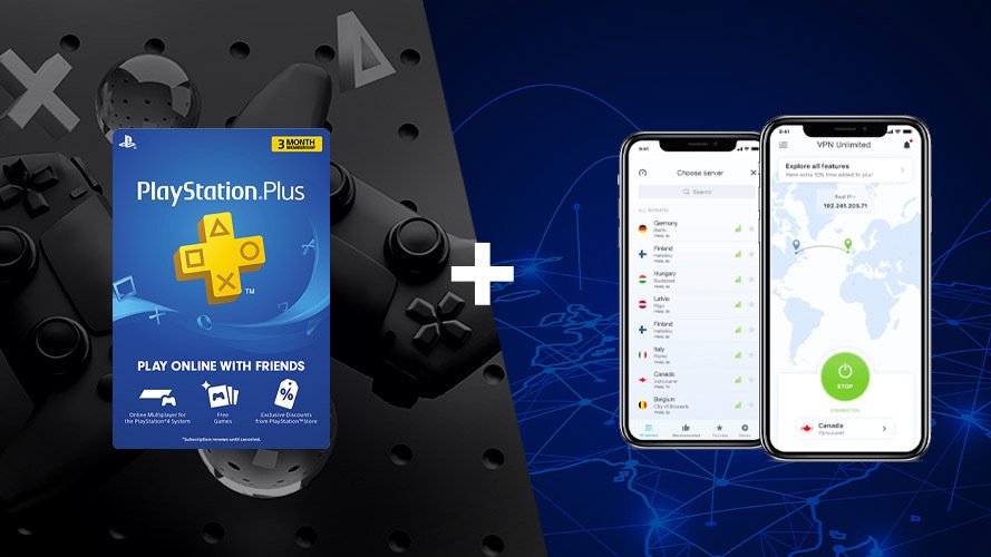 PlayStation Plus logo with VPN screen