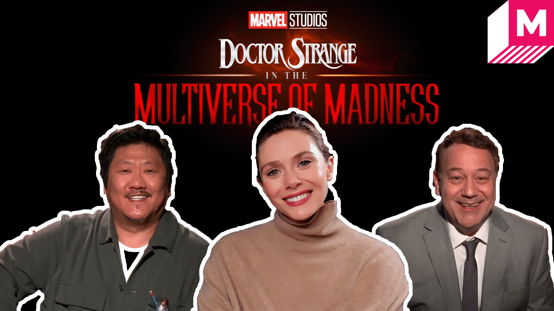 Benedict Wong, Elizabeth Olsen, and Sam Raimi in 