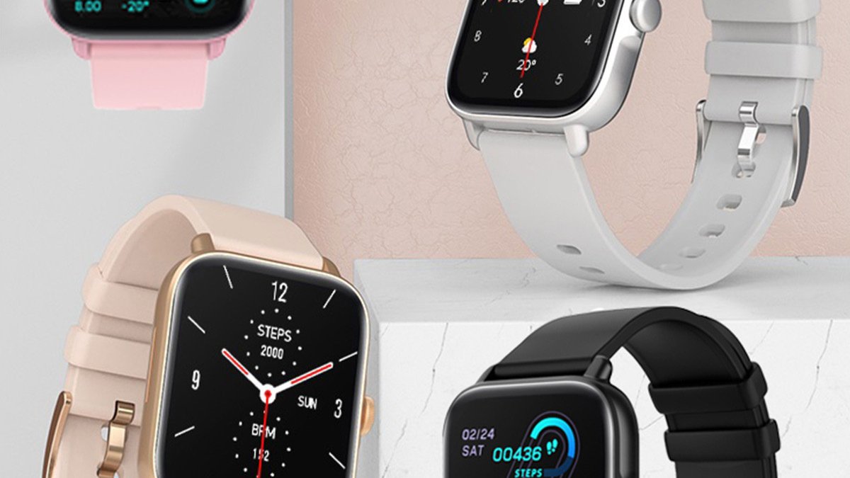 Gold, black, pink, and silver smartwatches with time and step data