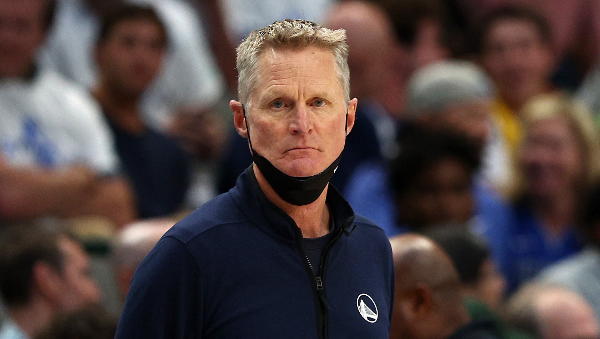 Head coach Steve Kerr of the Golden State Warriors looks on during the second quarter against the Dallas Mavericks in Game Four of the 2022 NBA Playoffs Western Conference Finals at American Airlines Center on May 24, 2022 in Dallas, Texas. 