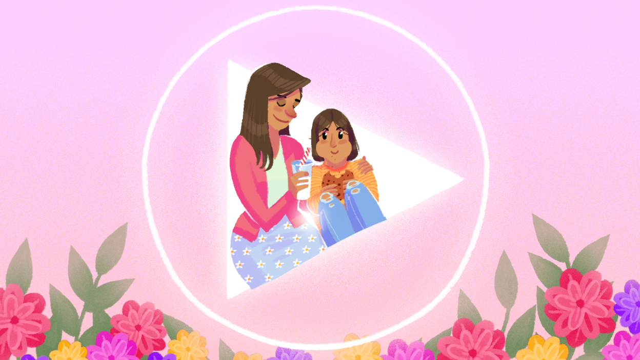 An illustration of a young woman and her mother sitting in a pink heart with flowers.