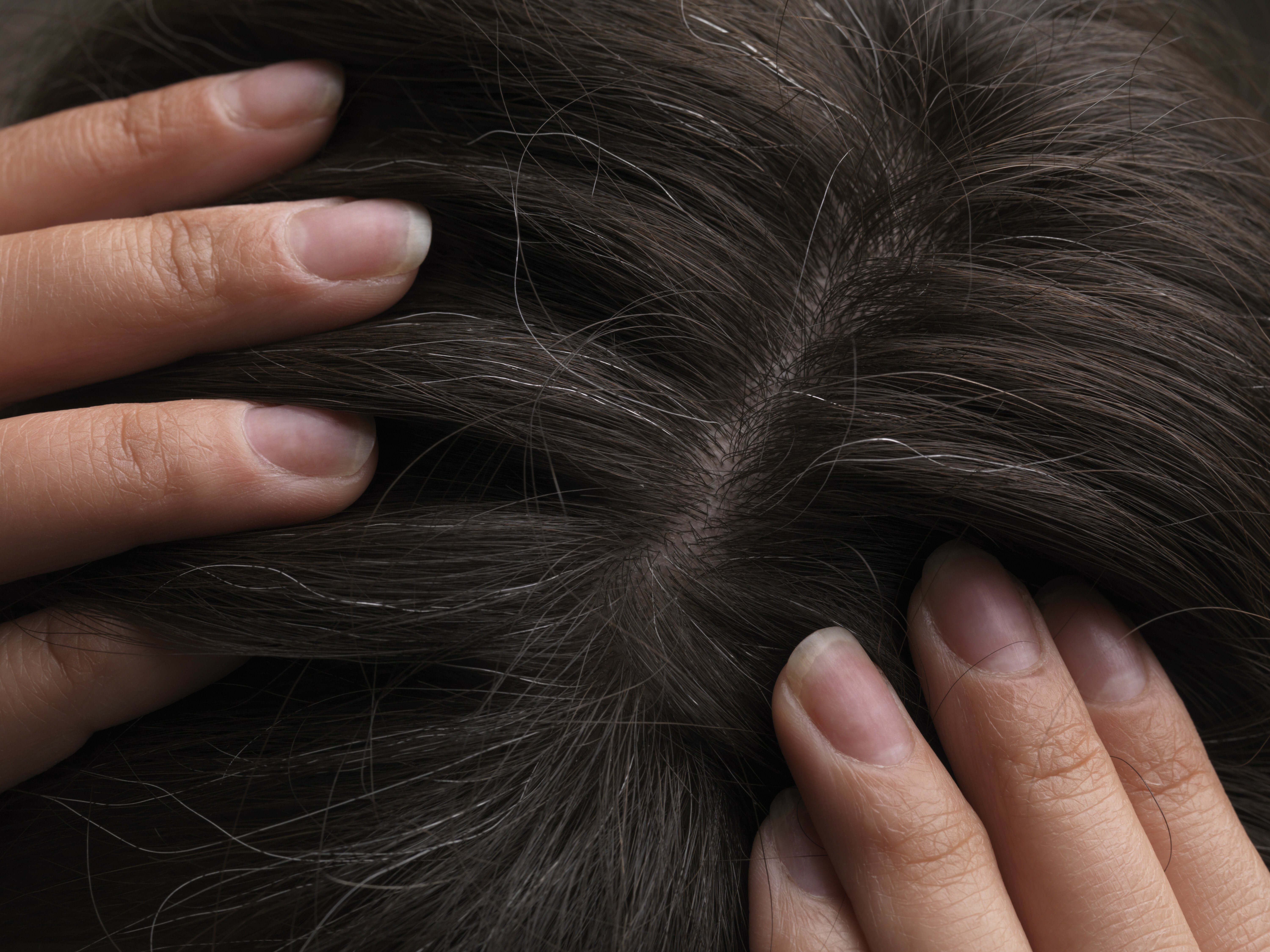 Close-up image of hair being parted in the middle with fingers. 