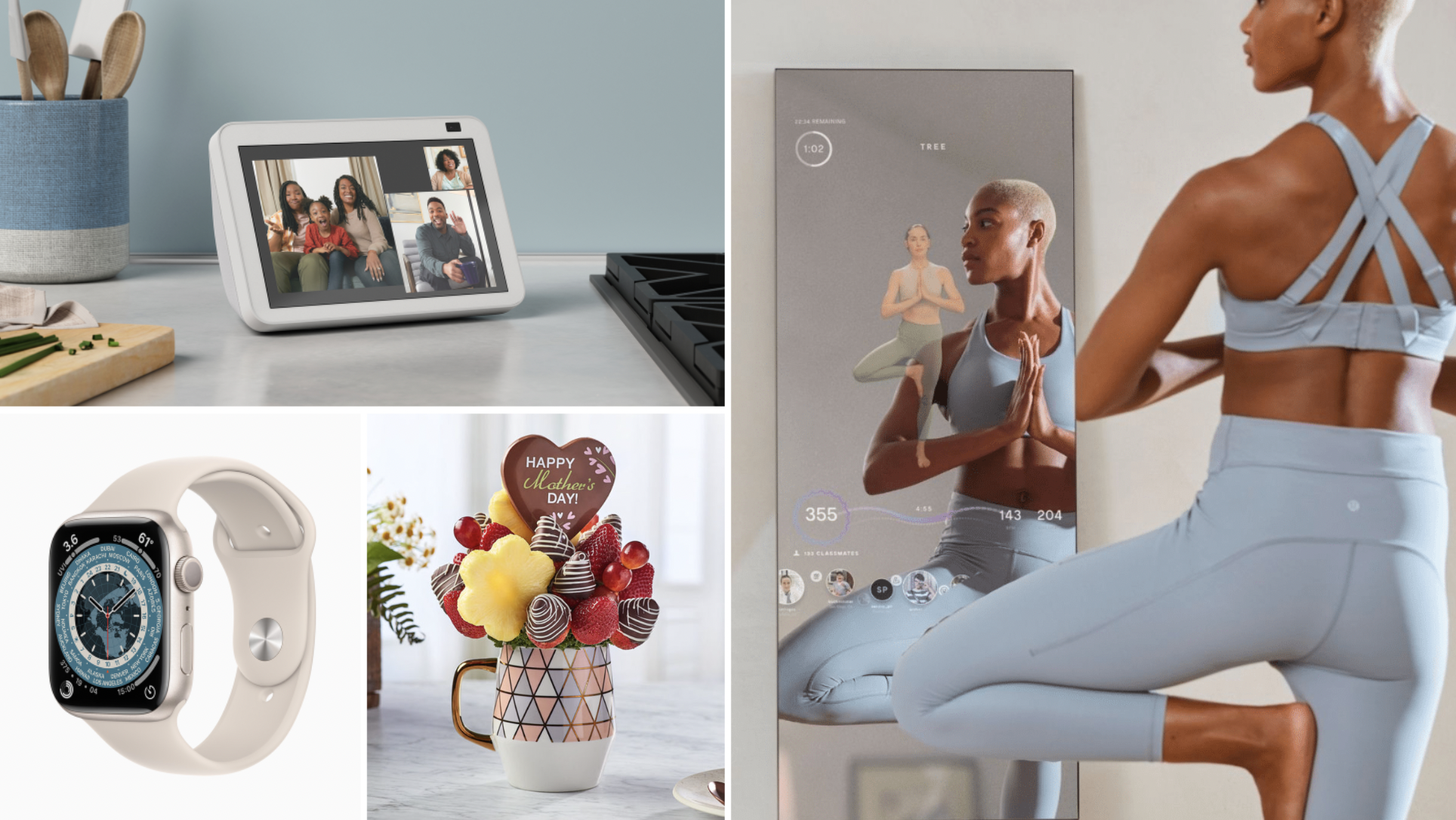 a college of images of an echo show 8, an apple watch series 7, an edible arrangements bouquet, and a woman doing yoga in front of a mirror smart home gym