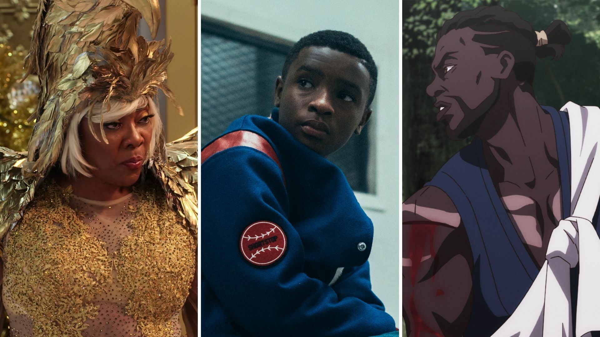 From left to right, a Black woman in gold feathers and finery; a Black boy in a baseball jacket; an animated Black warrior