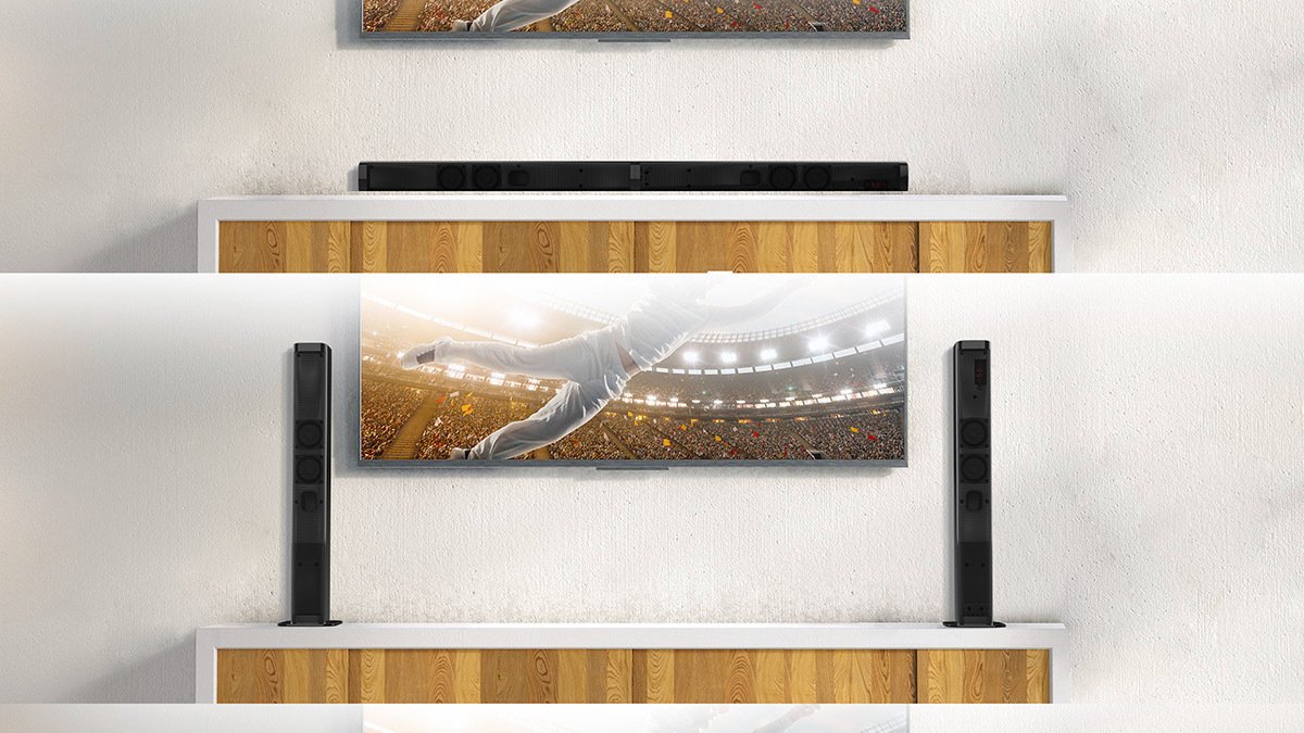 Soundbar lying on top of drawers in top image, split in two and standing upright on drawers in bottom image