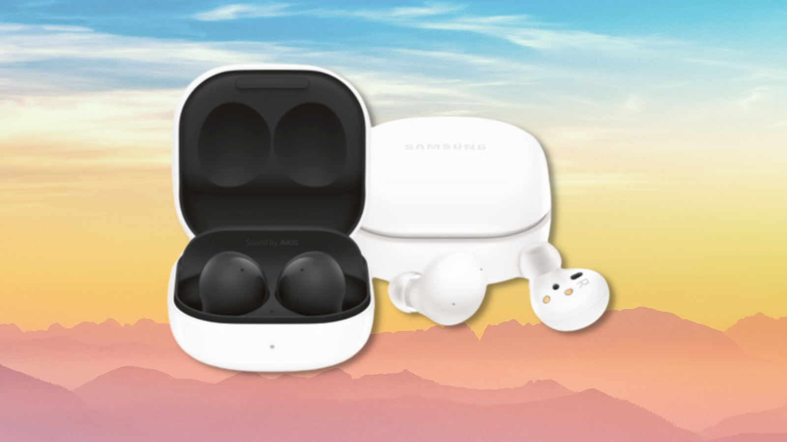 Samsung galaxy buds 2 in black and white with colorful background