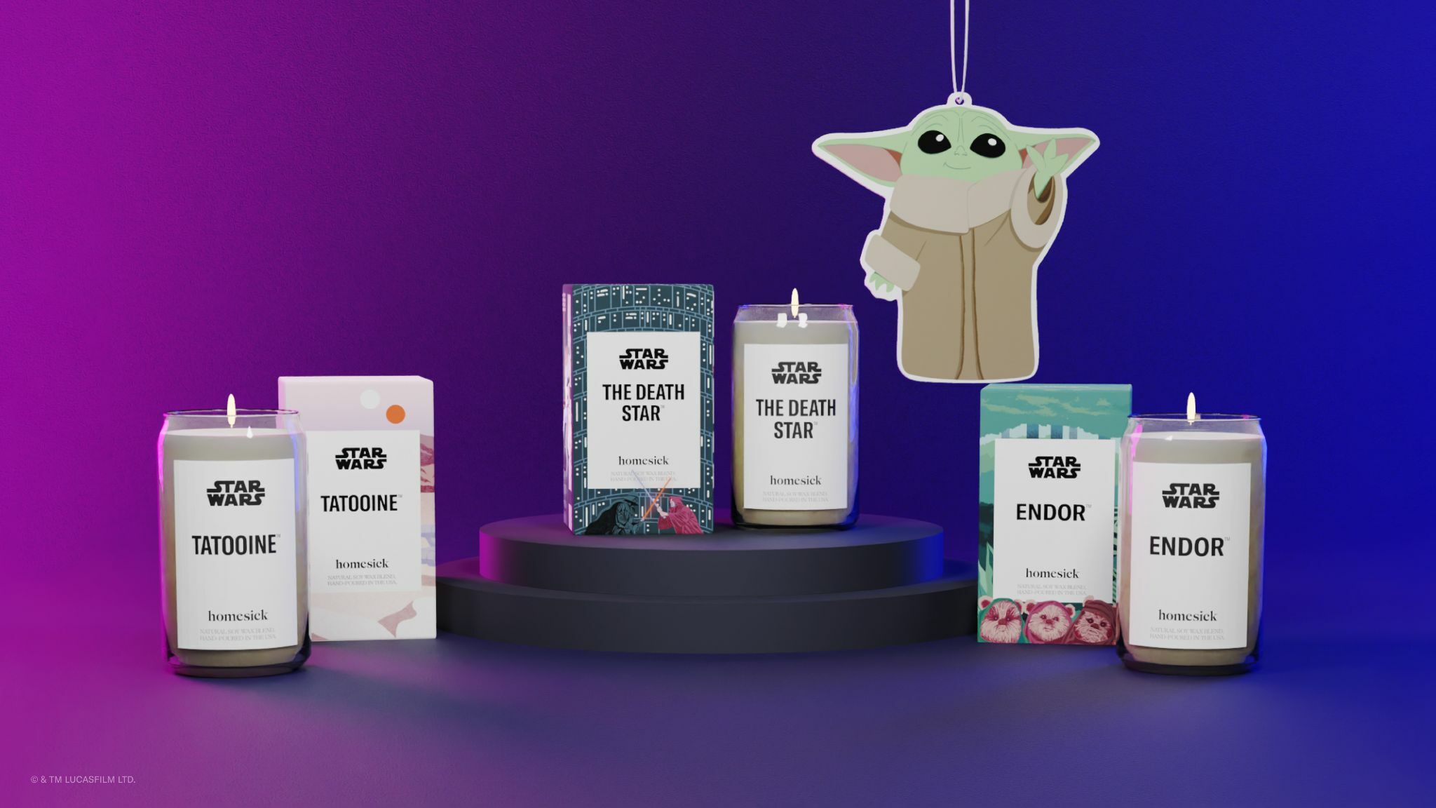 homesick's star wars candle collection against a purple gradient background