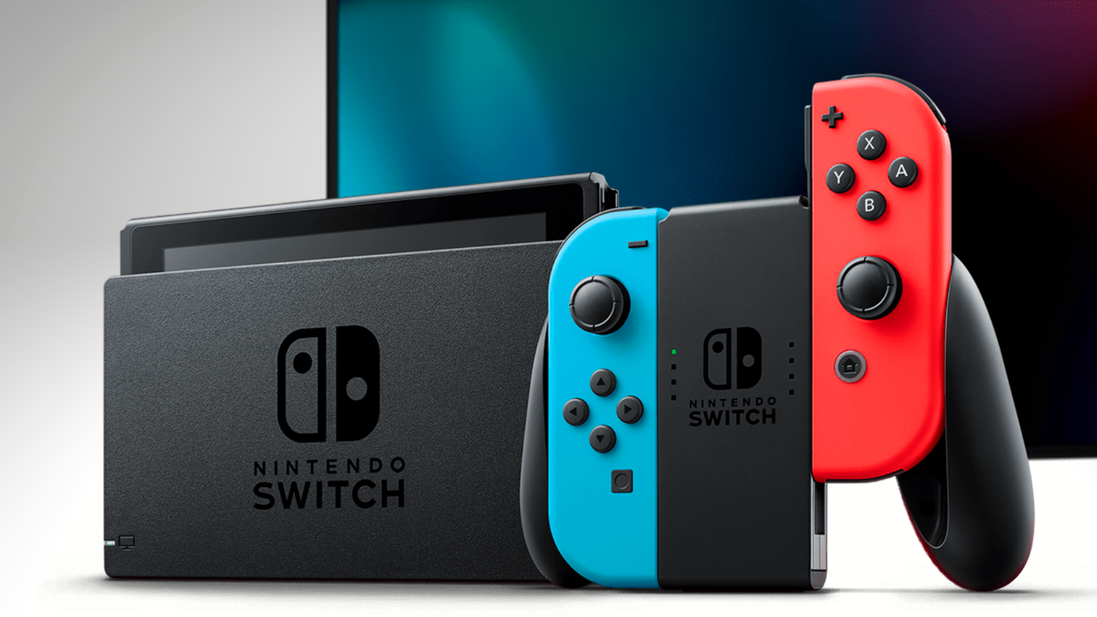 a nintendo switch with its joy-cons in a comfort grip in front of a tv screen