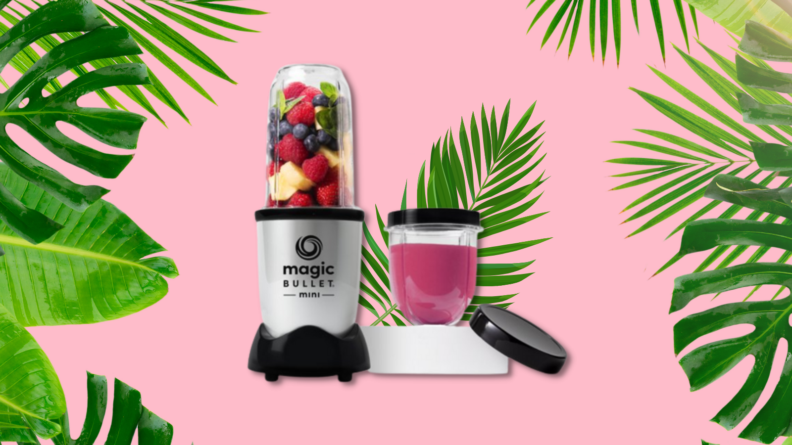 magic bullet mini personal blender with tropical background