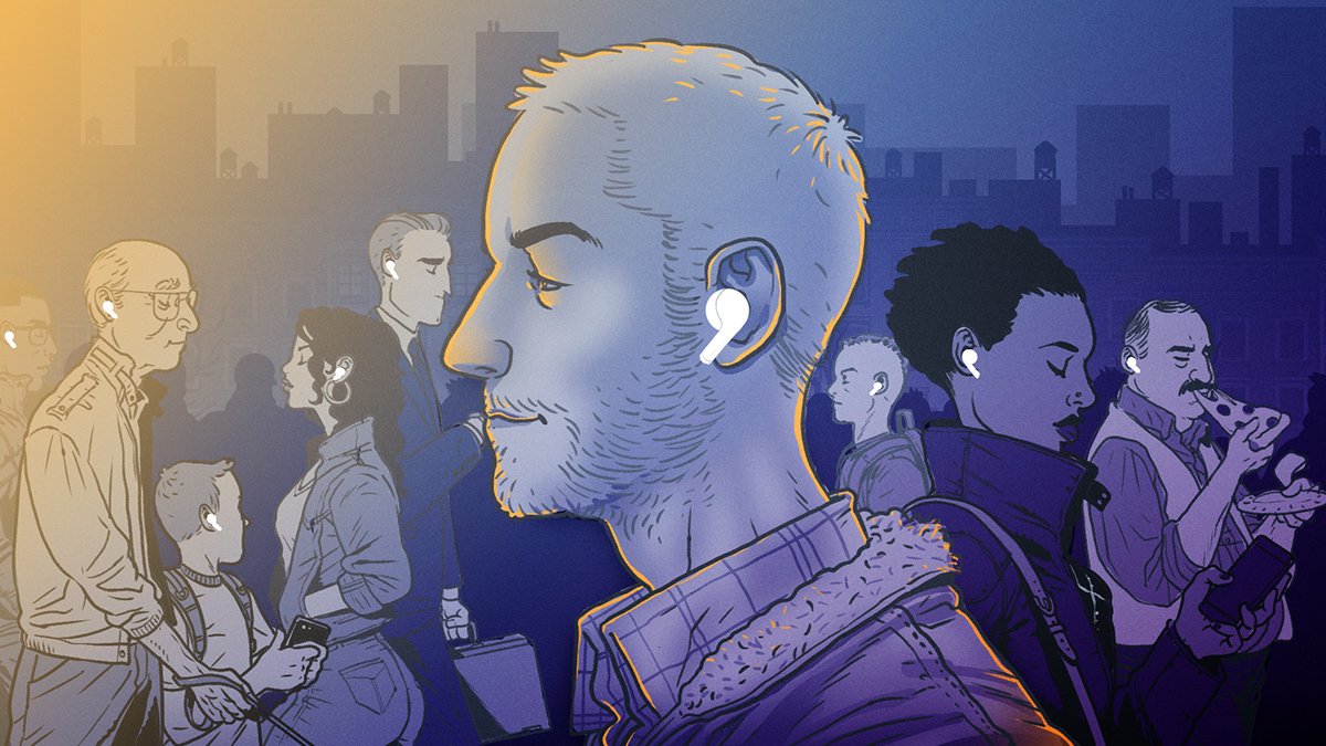 A crowd of people walk in a city while wearing Apple airpods