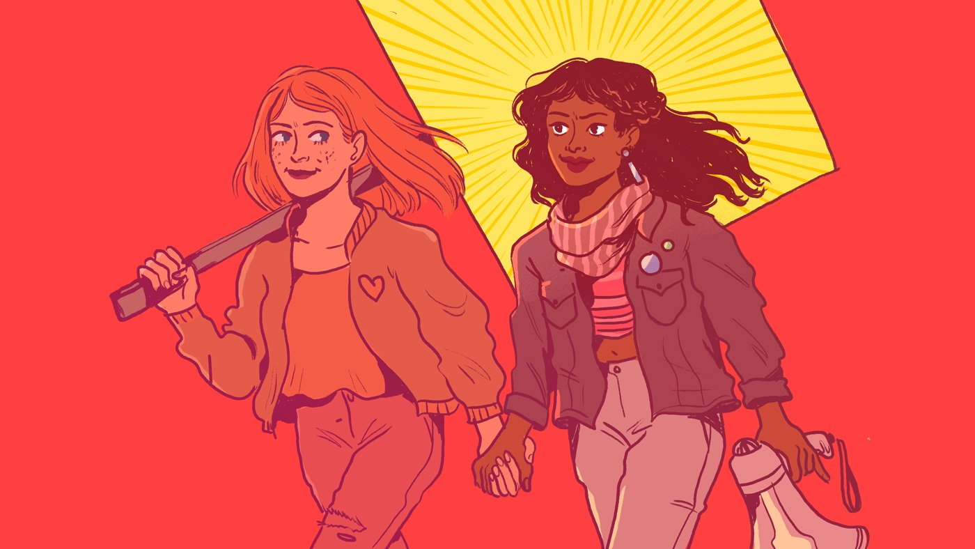 An illustration of two people marching with a large sign and megaphone.