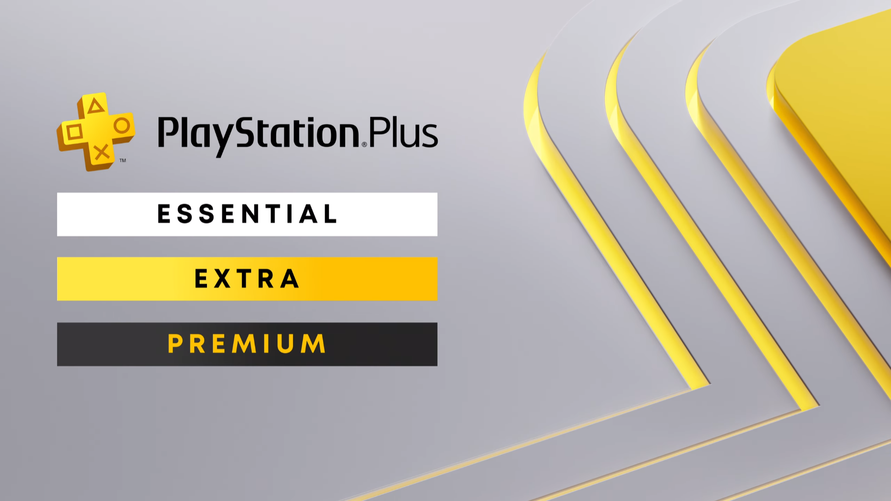 A PlayStation Plus logo with text boxes for the three different subscription plans — Essential, Extra, and Premium — listed just below.