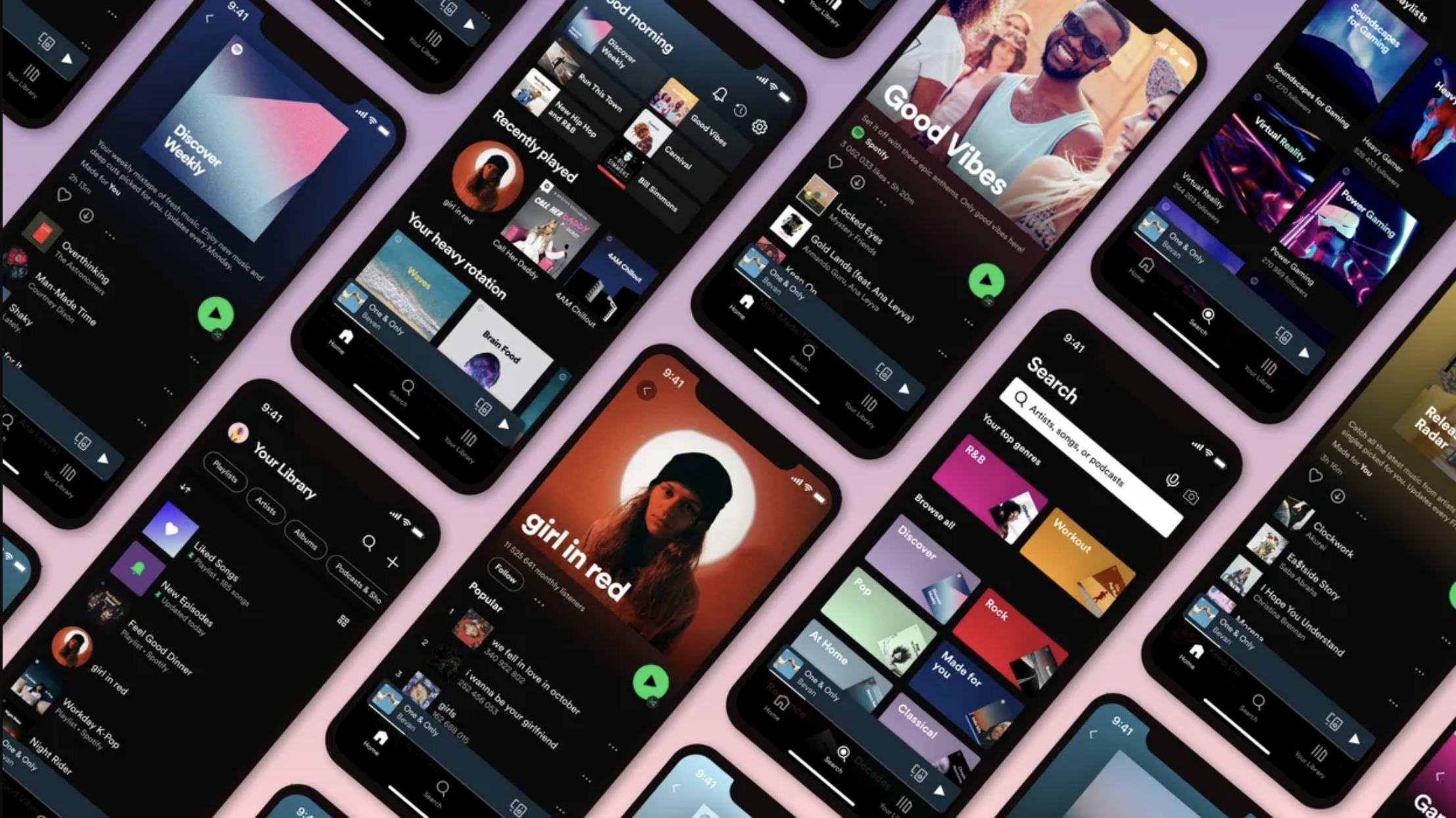 Smartphones on various Spotify screens arranged on pink background