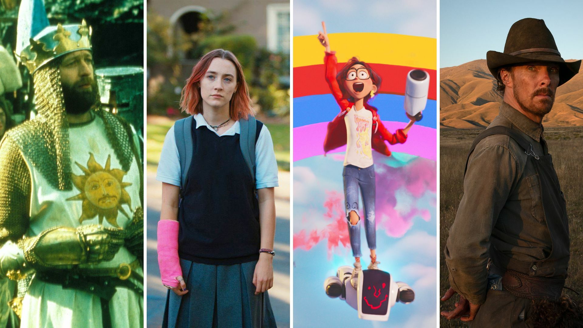Four stills: a man in chain mail, a young woman in a school uniform, a young woman riding through the sky on a robot, a man in a cowboy hat.