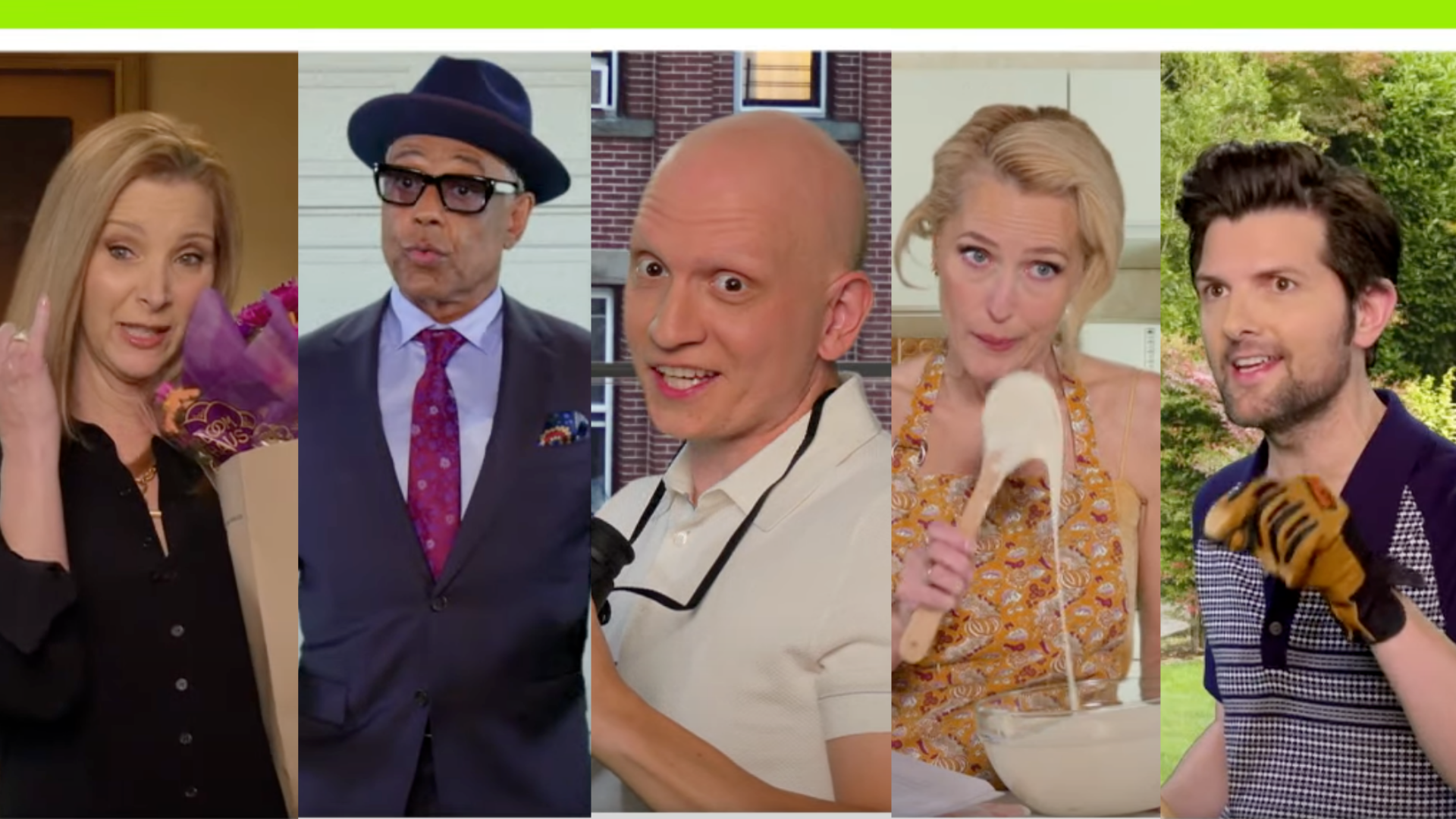 A composite of Gillian Anderson, Lisa Kudrow, Anthony Carrigan, Adam Scott and Giancarlo Esposito in a sketch.