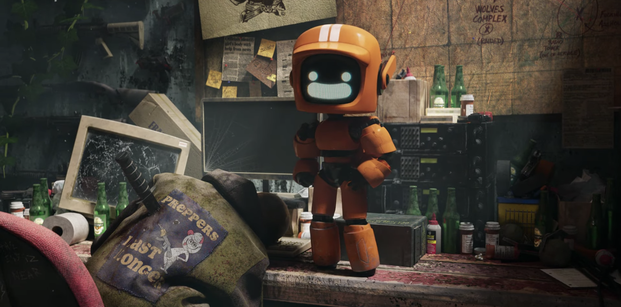An animated still of a robot standing next to a skeleton.