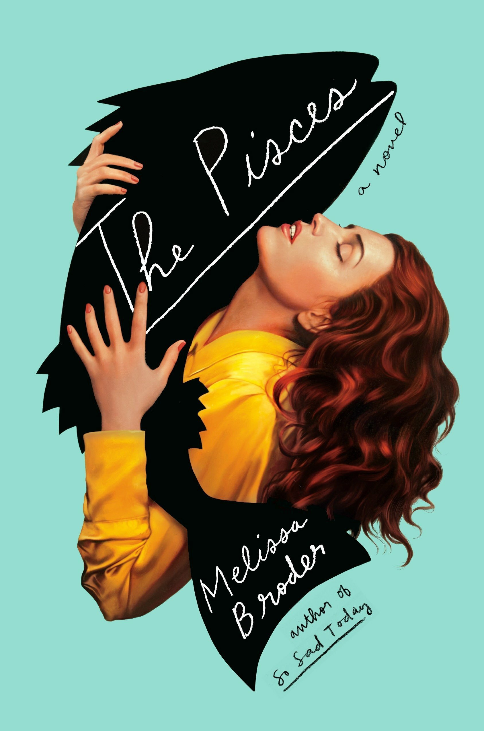 A woman holds a fish in an erotic way. The cover of The Pisces book. 