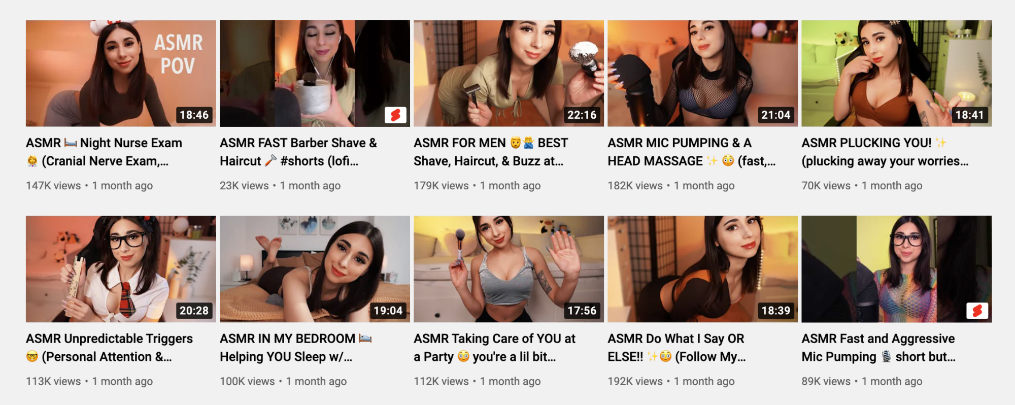 Thumbnails from LunaRexx's ASMR channel including titles like "ASMR FAST Barber Shave and Haircut."