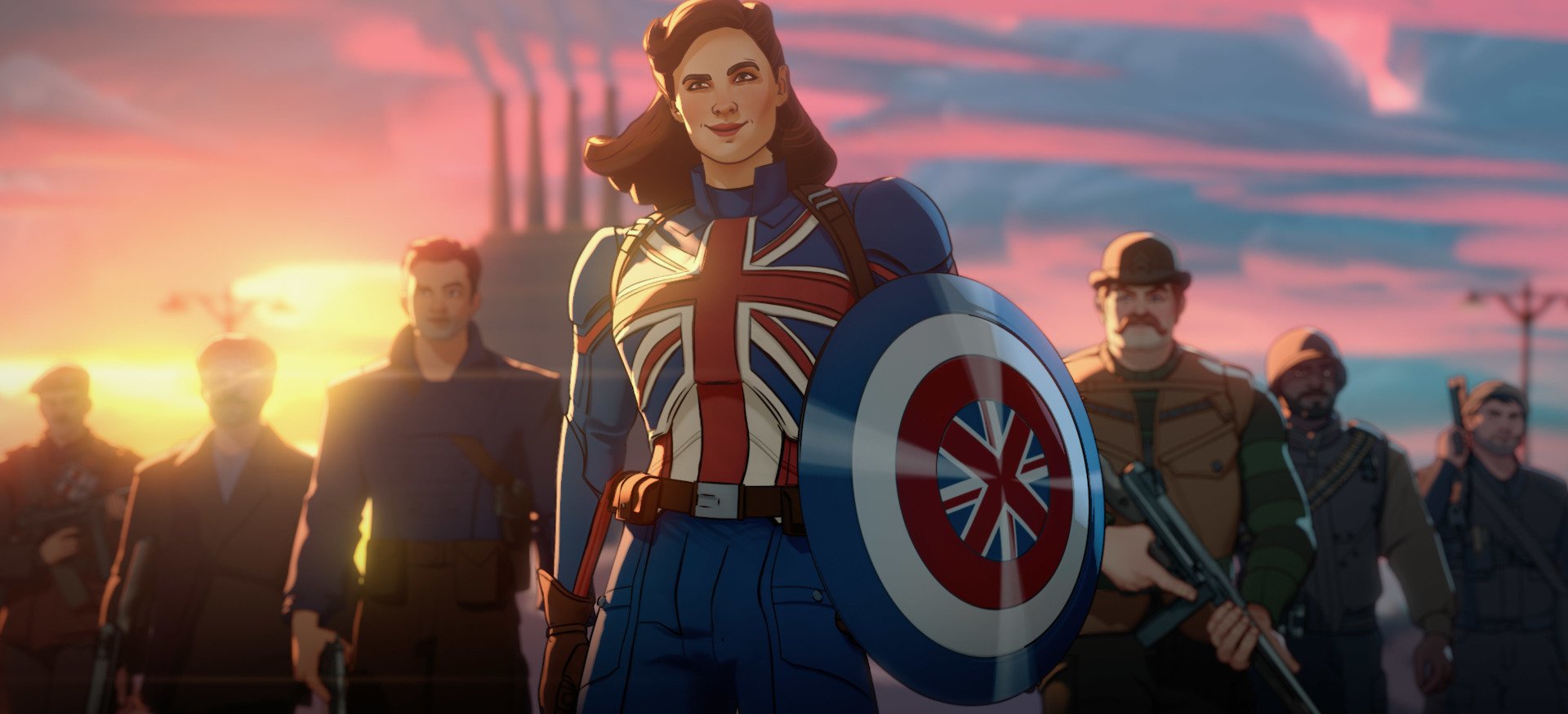 A still from the animated Marvel series "What If?," in which a woman in a Union Jack super suit wields a red, white, and blue shield