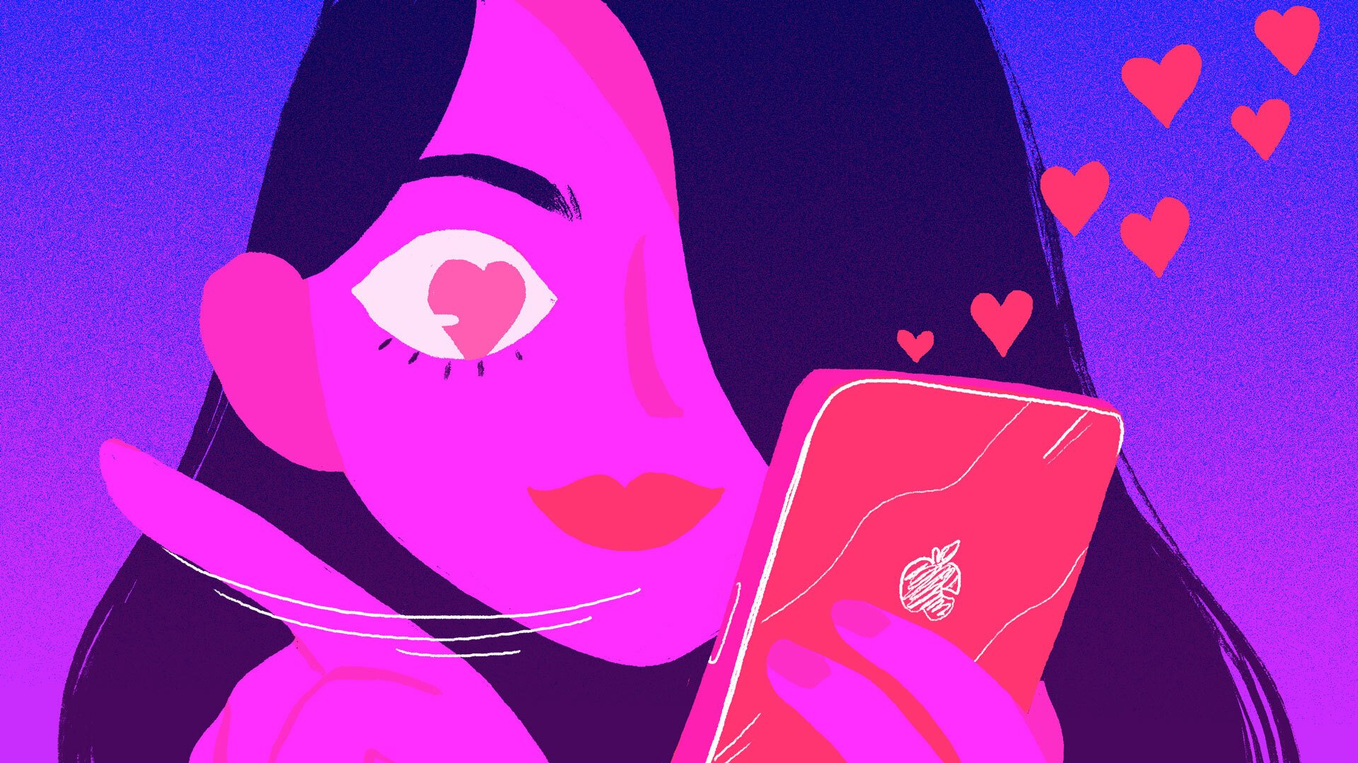 woman swiping on phone, hearts in her eyes and bursting out of the phone