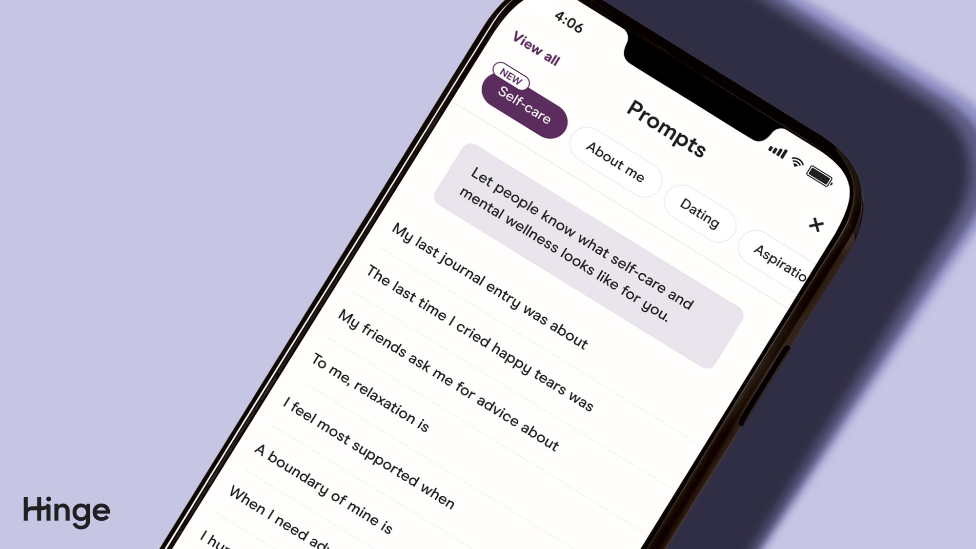 A photo screen displaying Hinge's new self-care prompts.