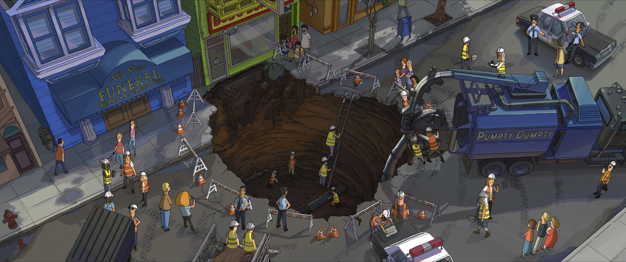 A  crowd gathers around a sinkhole in the middle of a street.