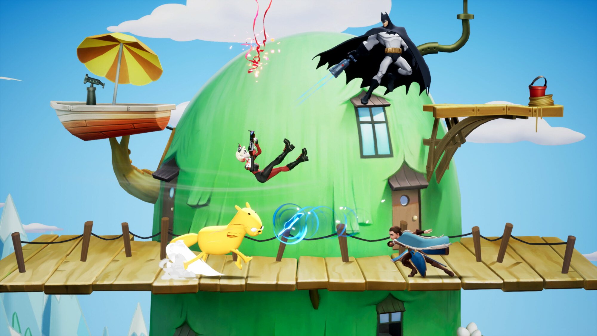A screenshot from "MultiVersus" of a match in progress. Batman is fighting with Harley Quinn and Arya Stark is fighting with Jake the Dog (with the body of a horse).