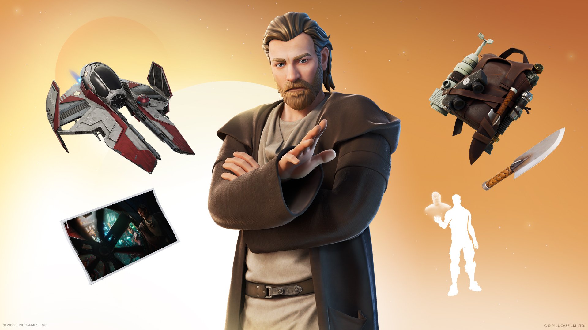 A screenshot from "Fortnite" featuring items from the 'Obi-Wan Kenobi' pack.