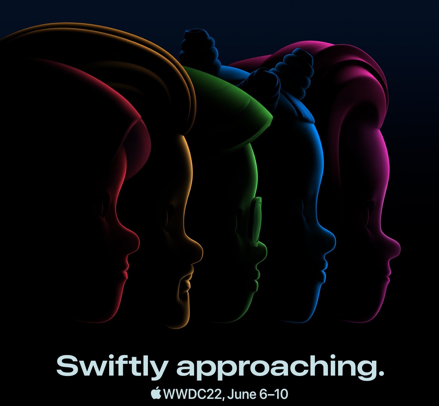 Apple WWDC 2022 invite: Memojis depicted in profile with text "Swiftly approaching" beneath them