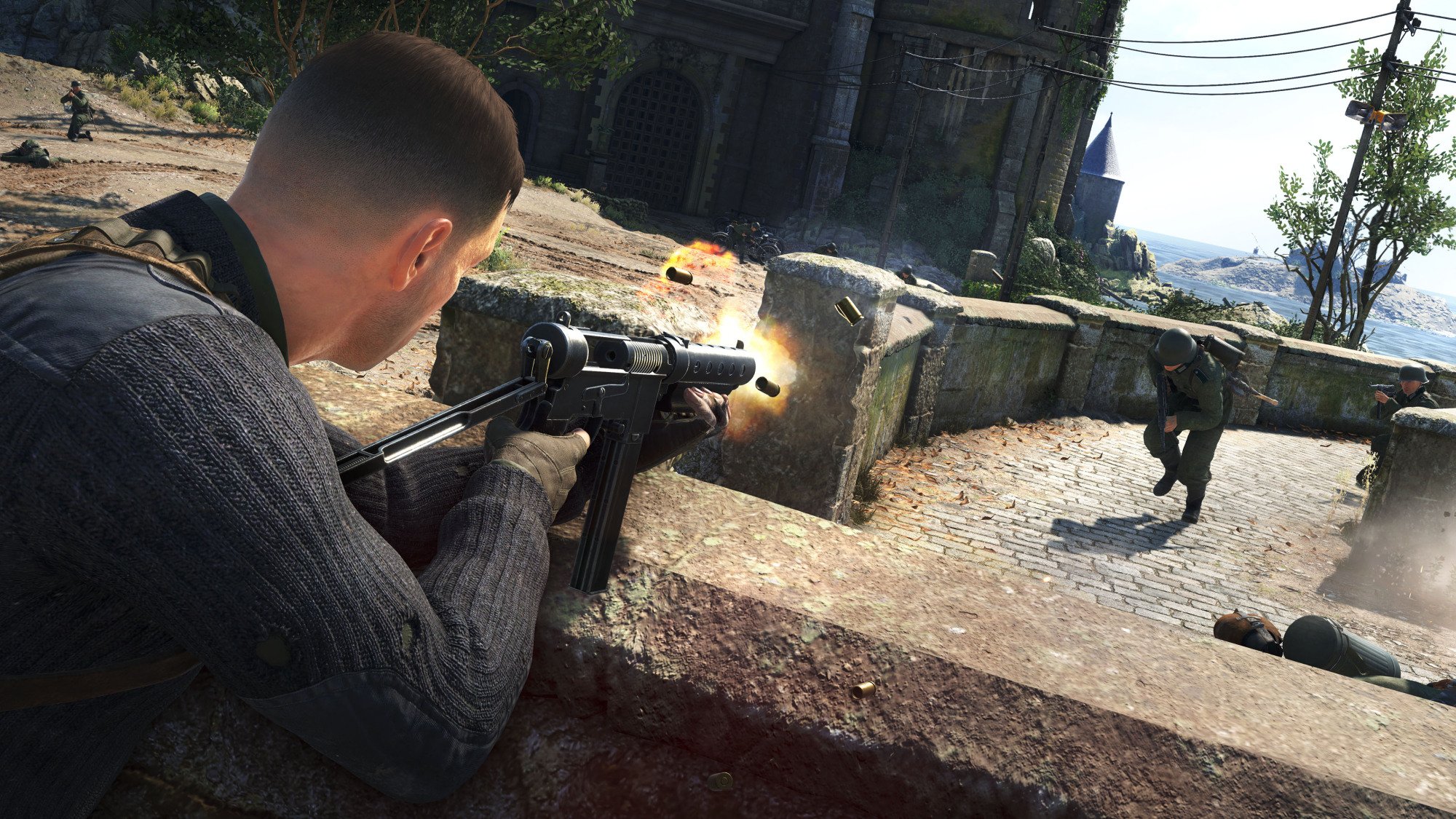 A screenshot from "Sniper Elite 5." Karl Fairburne shoots a submachine gun at a charging Nazi.