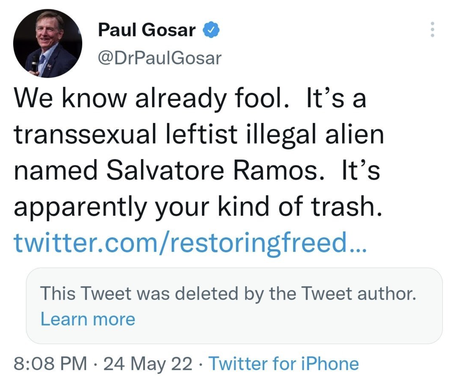 Paul Gosar deleted tweet