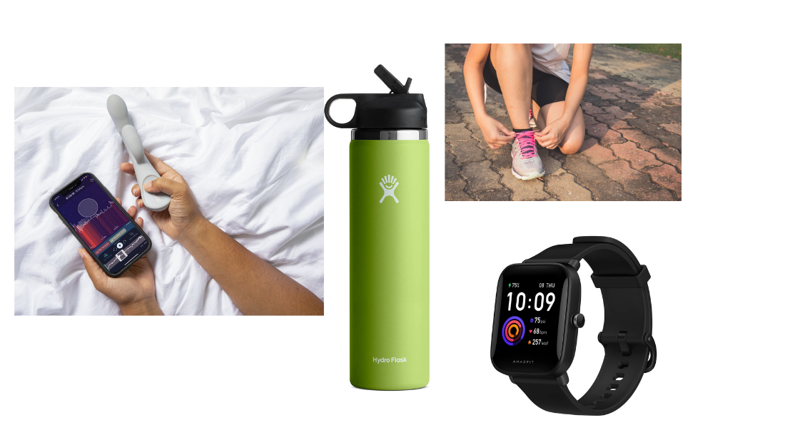 collage of including lioness vibrator, hydro flask green bottle, fitness tracker and person working out