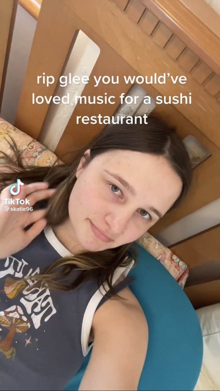 TikTok that reads, "RIP Glee you would have loved Music for a Sushi Restaurant."