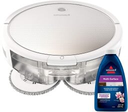 the bissell spinwave robotic mop and vacuum with a bottle of bissell multisurface cleaning solution