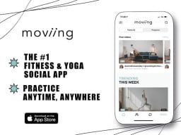 White phone screen with exercise classes shown next to ad text