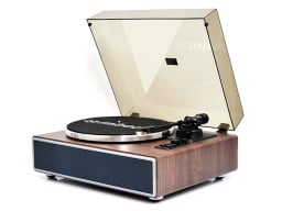 Brown turntable with black speaker and case open