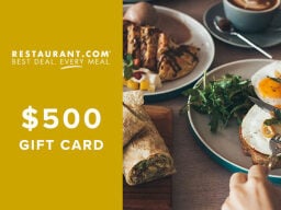 $500 gift card text next to image of food on a table