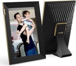 Black photo frame front and back showing person holding child in front