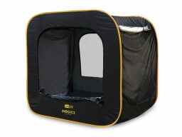 Black tent with yellow trim