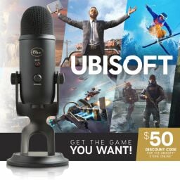 a blue yeti microphone next to a collage of ubisoft video game screenshots